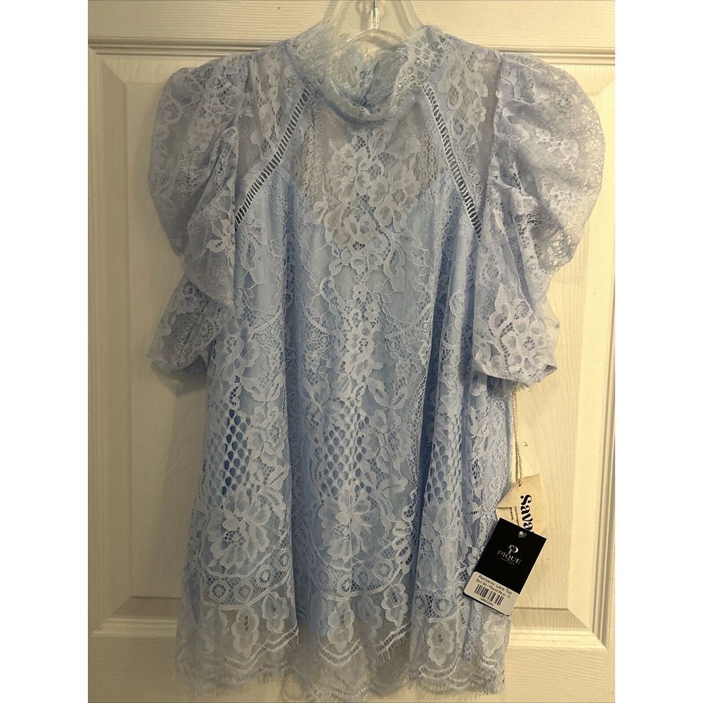Savanna Jane Size Small Blue Lace Blouse High Neck Puff Shoulder Long Sleeve NWT